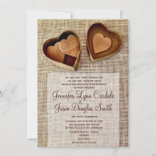 Rustic Country Wooden Hearts Burlap Wedding Invite