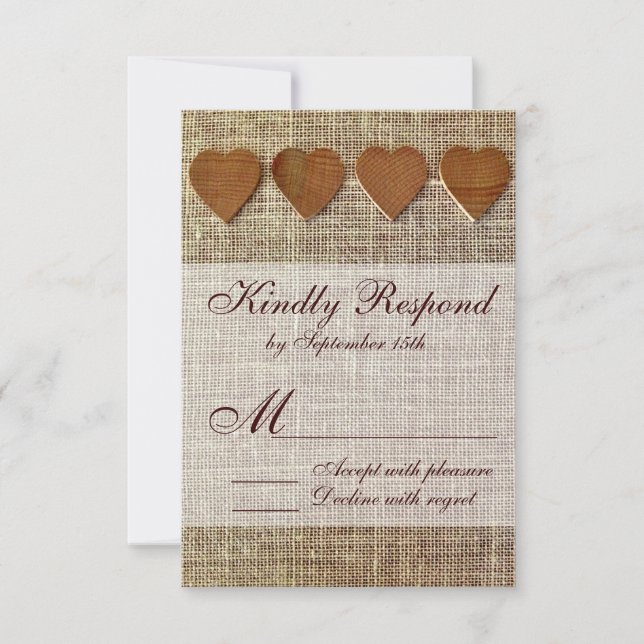Rustic Country Wooden Hearts Burlap Wedding RSVP Card (Front)