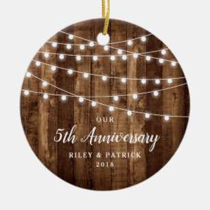 Rustic Country Woodgrain Anniversary Dated Ceramic Tree Decoration
