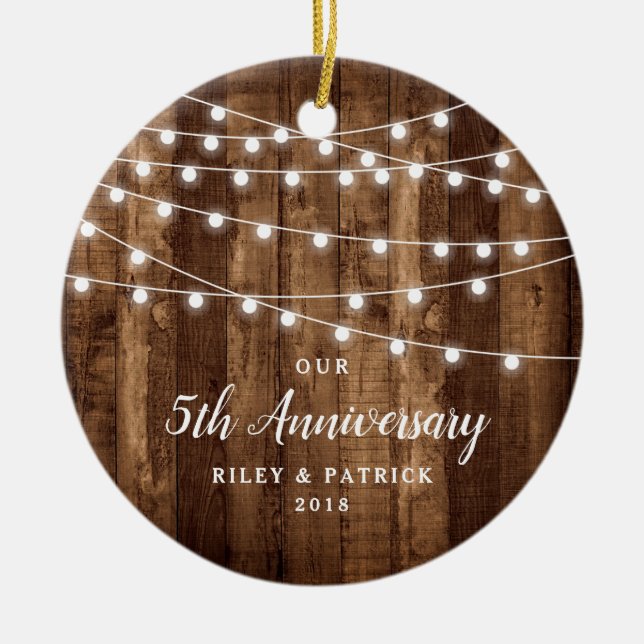 Rustic Country Woodgrain Anniversary Dated Ceramic Tree Decoration (Front)
