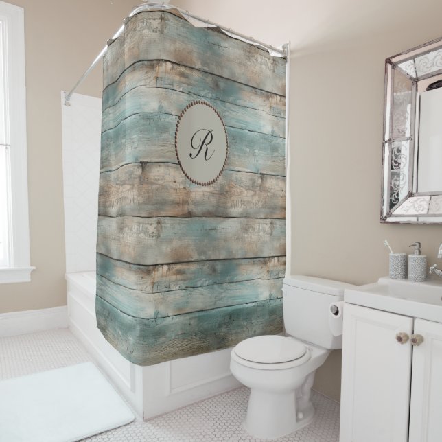 Rustic Country Worn Blue Wooden Fence Boards  Shower Curtain (In Situ)
