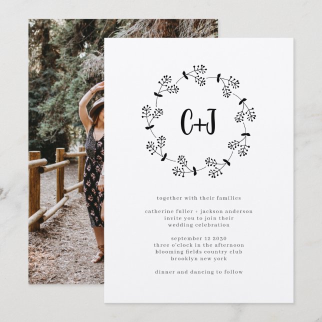 Rustic Country Wreath Photo Monogram Chic Wedding Invitation (Front/Back)