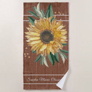 Rustic Country Yellow Sunflower Brown Wood  Beach Towel