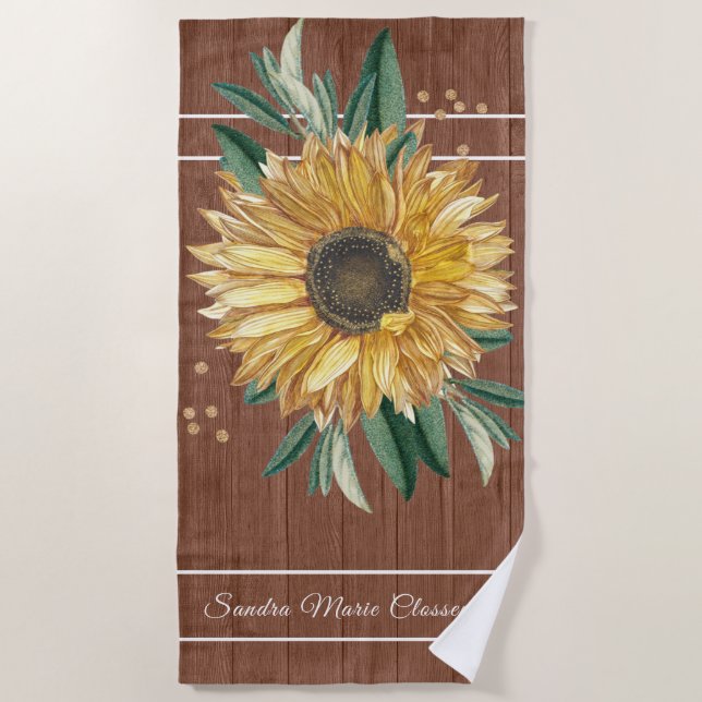 Rustic Country Yellow Sunflower Brown Wood  Beach Towel (Front)