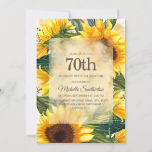 Rustic Country Yellow Sunflowers 70th Birthday Invitation