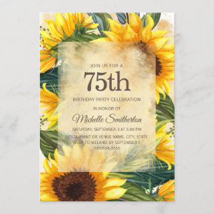 Rustic Country Yellow Sunflowers 75th Birthday Invitation