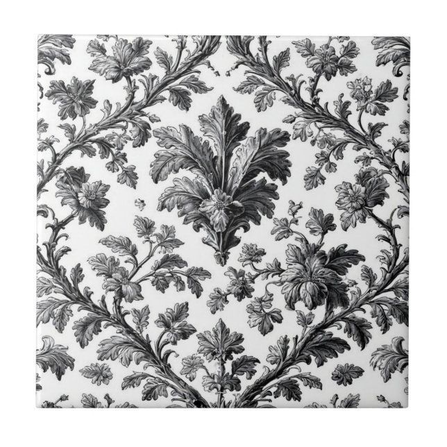 Rustic Countryside Floral Motif Monochrome Elegant Tile (Front)