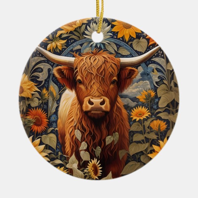 Rustic Countryside Highland Cow Sunflowers Ceramic Tree Decoration (Front)