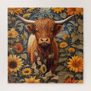 Rustic Countryside Highland Cow Sunflowers Jigsaw Puzzle