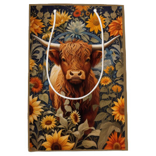 Rustic Countryside Highland Cow Sunflowers Medium Gift Bag