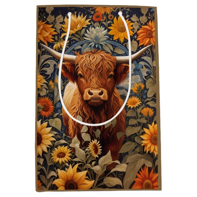 Rustic Countryside Highland Cow Sunflowers Medium Gift Bag (Front)