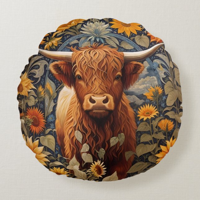Rustic Countryside Highland Cow Sunflowers Round Cushion (Front)
