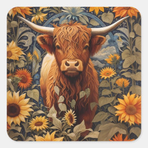 Rustic Countryside Highland Cow Sunflowers Square Sticker