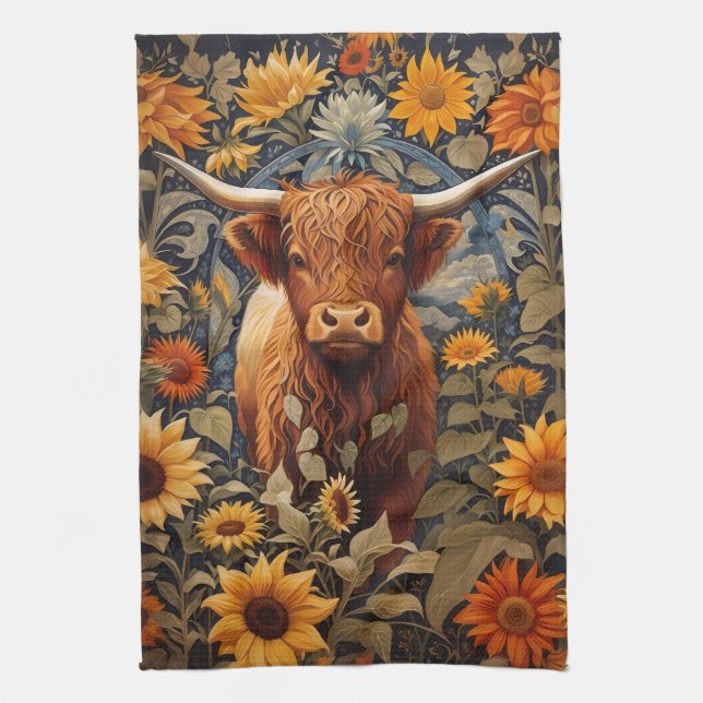 Rustic Countryside Highland Cow Sunflowers Tea Towel (Vertical)