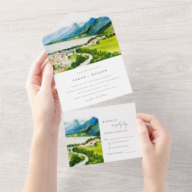 Rustic Countryside Lake Village Landscape Wedding All In One Invitation (Tearaway)