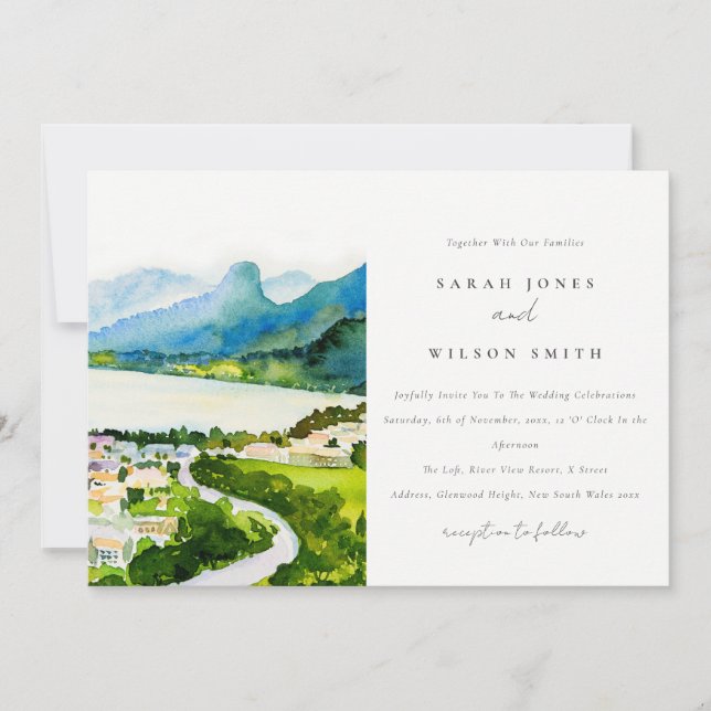 Rustic Countryside Lake Village Landscape Wedding Invitation (Front)