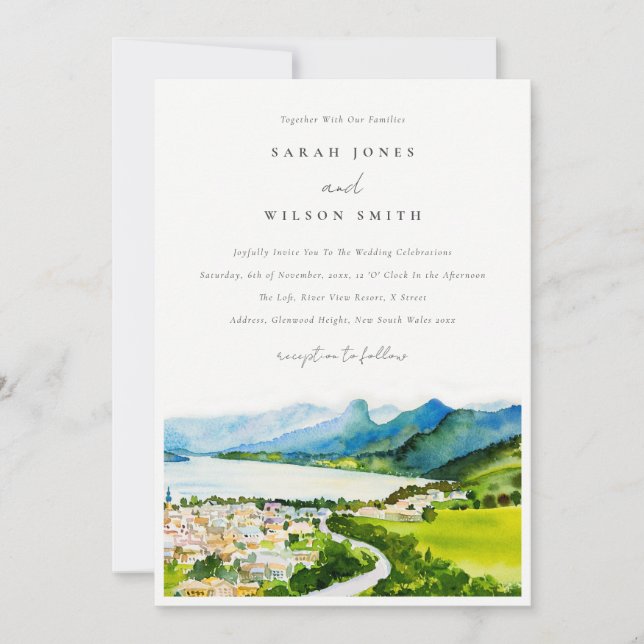 Rustic Countryside Lake Village Landscape Wedding Invitation (Front)