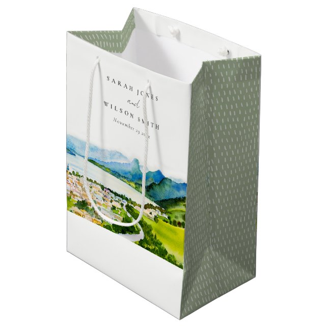 Rustic Countryside Lake Village Landscape Wedding Medium Gift Bag (Front Angled)