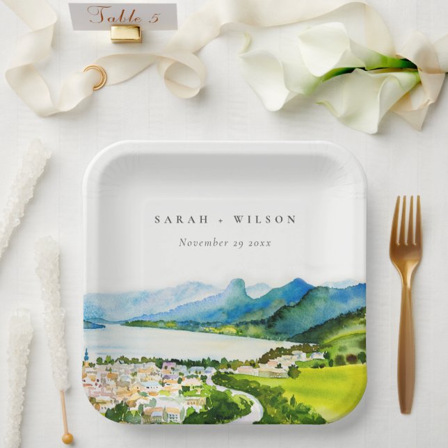 Rustic Countryside Lake Village Landscape Wedding Paper Plate (Wedding)
