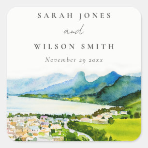 Rustic Countryside Lake Village Landscape Wedding Square Sticker