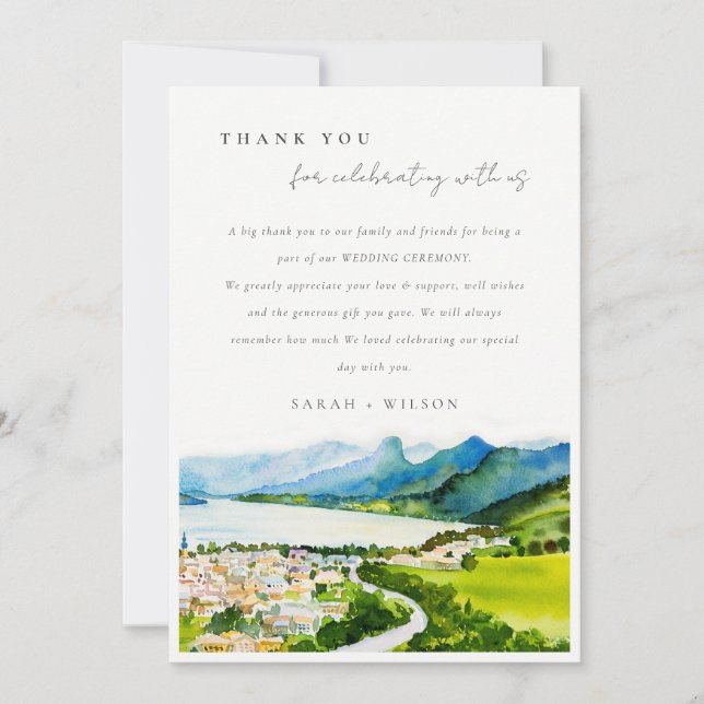 Rustic Countryside Lake Village Landscape Wedding Thank You Card (Front)