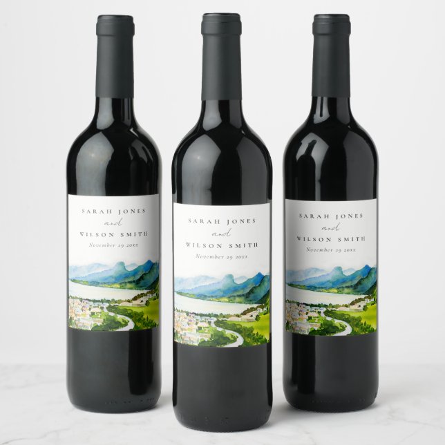 Rustic Countryside Lake Village Landscape Wedding Wine Label (Bottles)