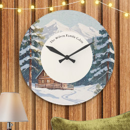Rustic Countryside Snow Scene Holiday Family Cabin Large Clock