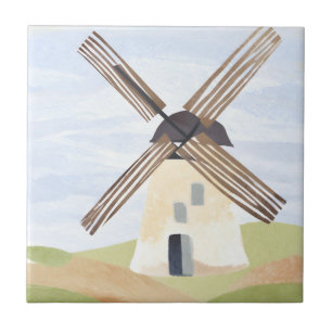 Rustic Countryside Windmill Watercolor Painted Tile