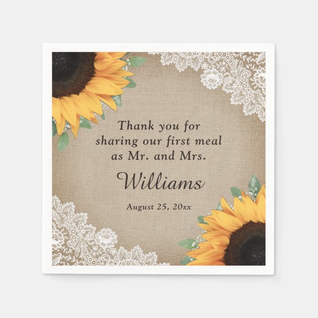 Rustic County Burlap and Lace Sunflower Wedding Napkin (Front)