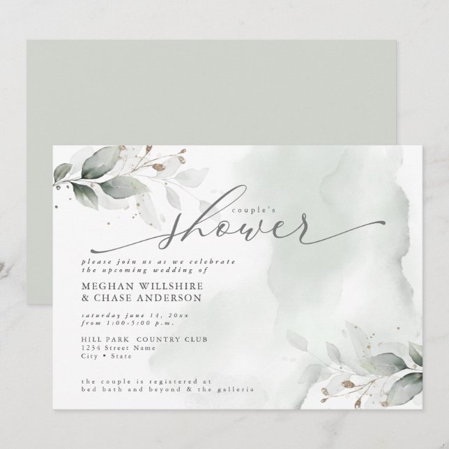 Rustic Couple's Shower Dusty Green Foliage Invitat Invitation (Front/Back)