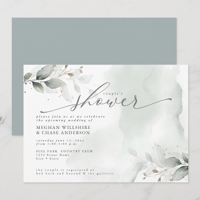 Rustic Couple's Shower Dusty Green Foliage Invitation (Front/Back)