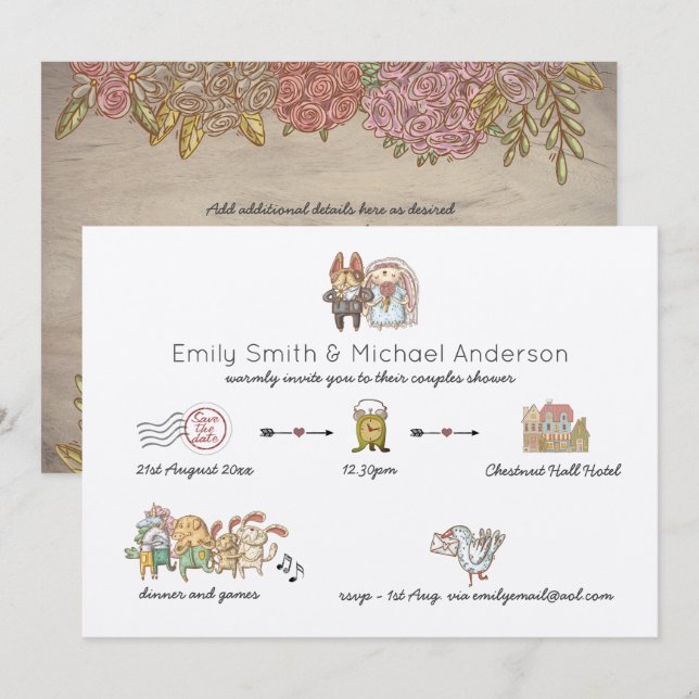 Rustic Couples Shower Invites Floral Handdrawn (Front/Back)