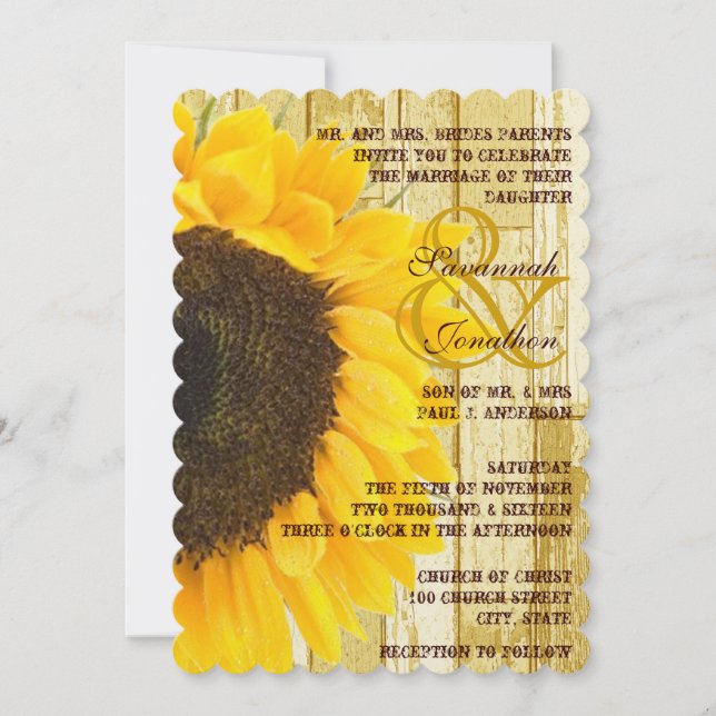 Rustic Coutry Chic Barn Wood Sunflower Wedding Invitation (Front)