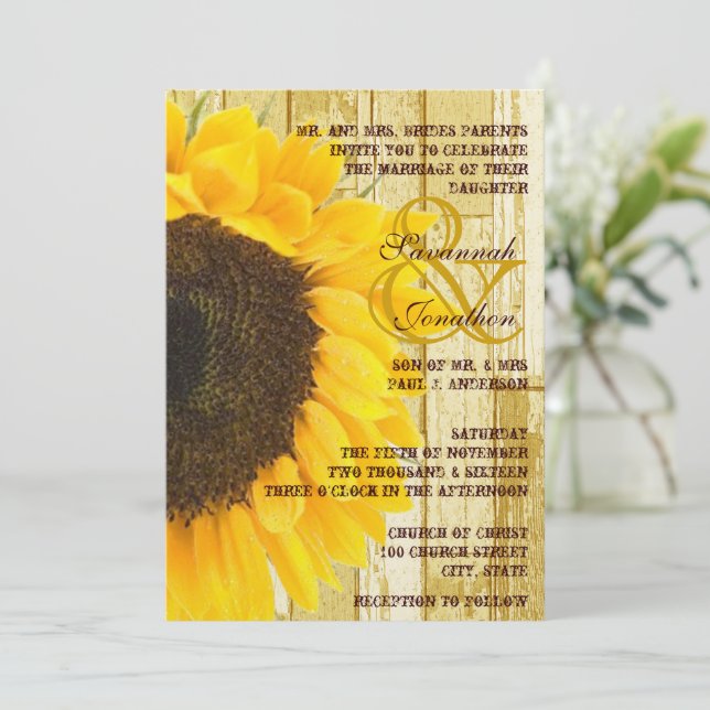 Rustic Coutry Chic Barn Wood Sunflower Wedding Invitation (Standing Front)