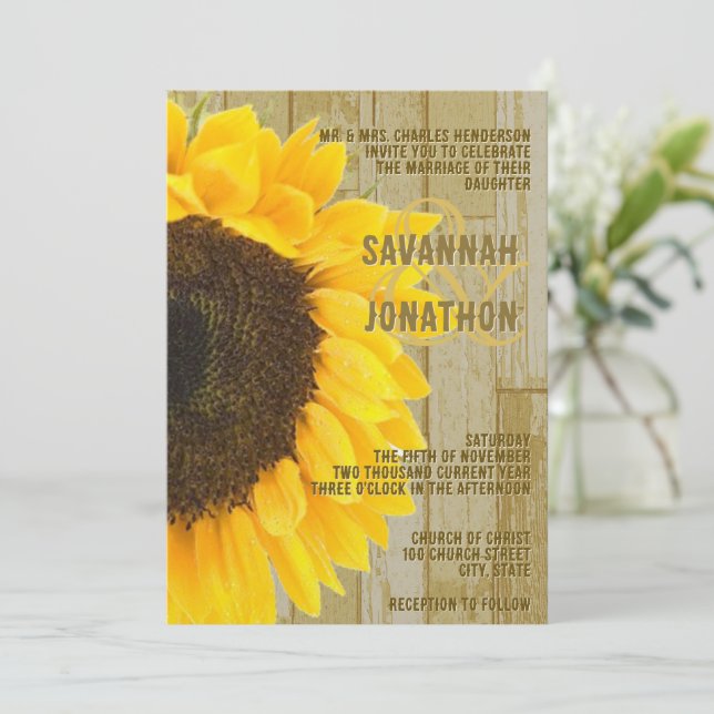 Rustic Coutry Chic Barn Wood Sunflower Wedding Invitation (Standing Front)