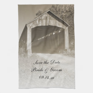 Rustic Covered Bridge Wedding Save the Date Tea Towel