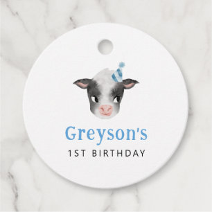 Rustic Cow Blue Birthday Favour Tags