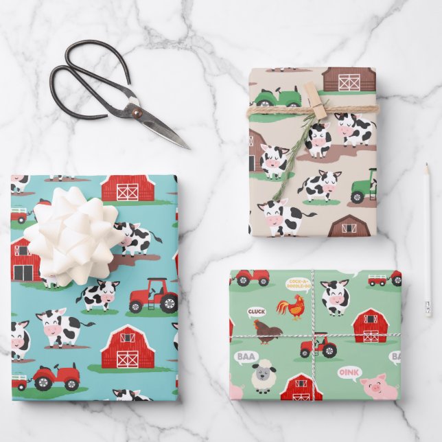 Rustic Cow Farmyard Birthday Patterns Wrapping Paper Sheet (Front)