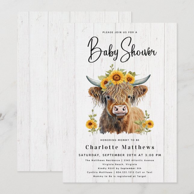 Rustic Cow Floral Wood Watercolor Baby Shower  Invitation (Front/Back)