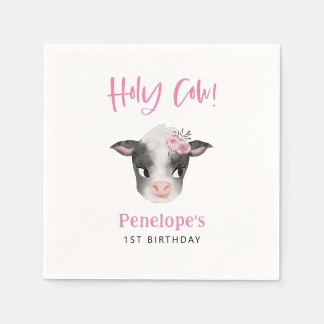 Rustic Cow Pink Birthday Party Napkin (Front)