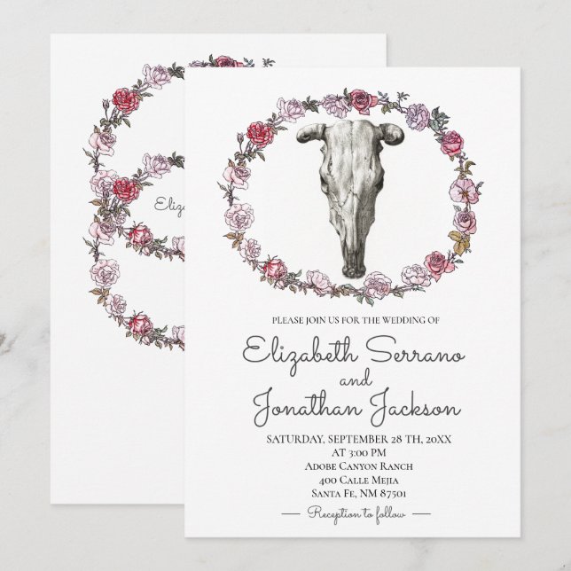 Rustic Cow Skull And Roses Floral Wedding Invitation (Front/Back)