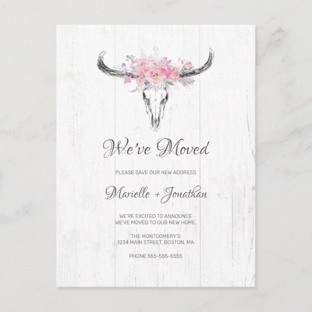 Rustic Cow Skull Blush Floral Boho Moving Announcement Postcard (Front)
