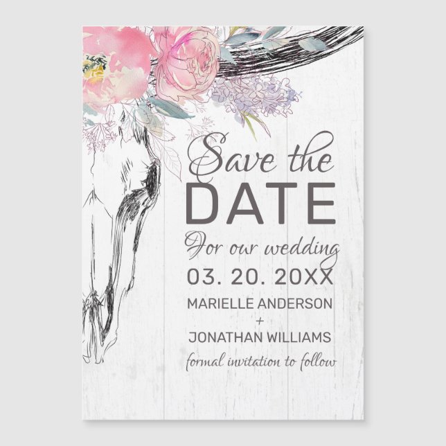 Rustic Cow Skull Blush Floral Boho Save the Date (Front)