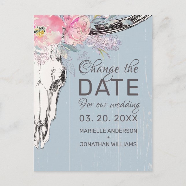 Rustic Cow Skull Blush Pink Floral Change the Date Announcement Postcard (Front)