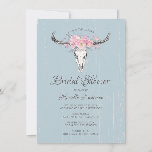 Rustic Cow Skull Boho Blush Floral B Bridal Shower Invitation (Front)