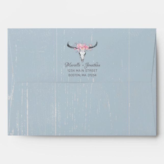 Rustic Cow Skull Boho Blush Floral Blue Envelope (Back (Top Flap))
