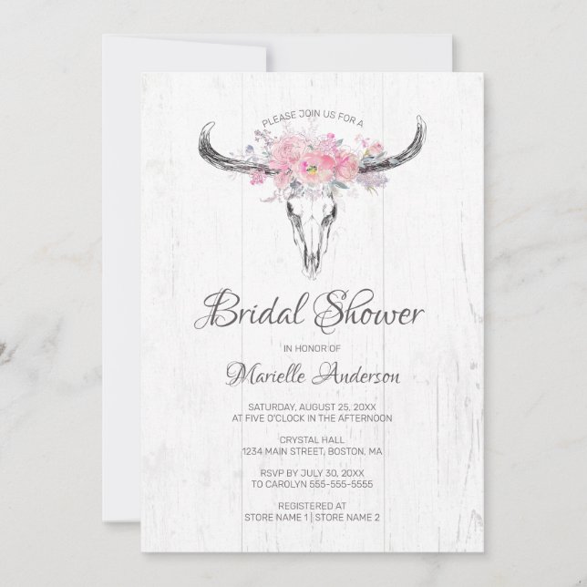 Rustic Cow Skull Boho Blush Floral Bridal Shower Invitation (Front)