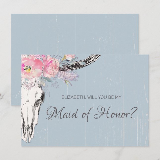 Rustic Cow Skull Boho Blush Floral Maid of Honour Invitation (Front/Back)