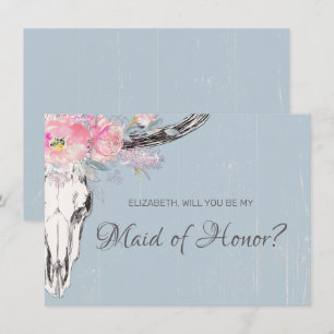 Rustic Cow Skull Boho Blush Floral Maid of Honour Invitation