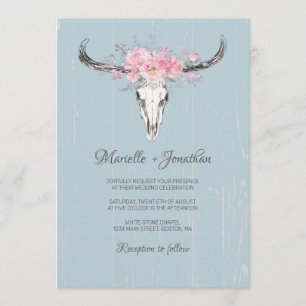 Rustic Cow Skull Boho Blush Floral Watercolor Blue Invitation